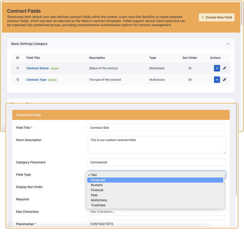 Bespoke Contract Fields and Templates