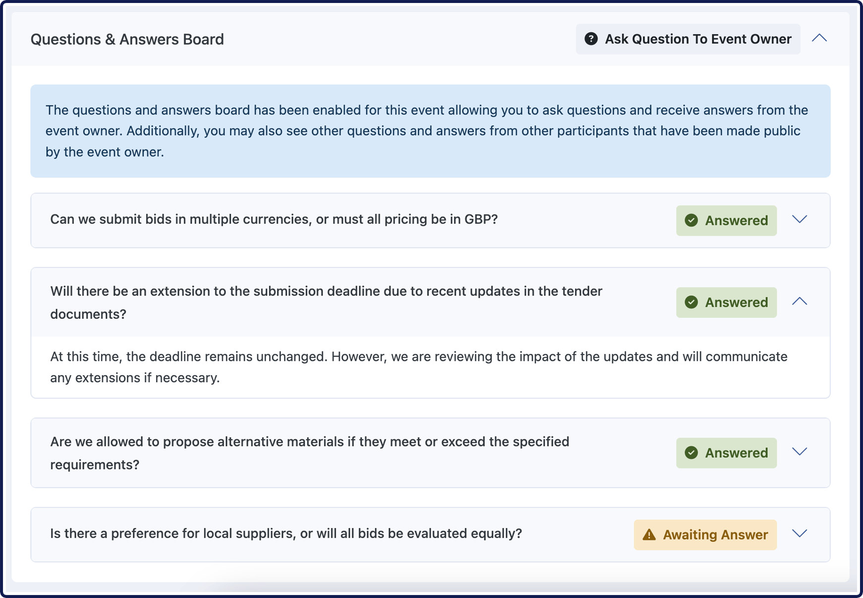 Q&A Board for Procurement Events