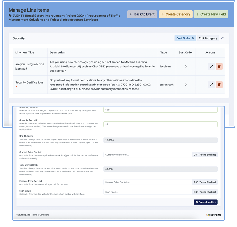 RFx Line Item Management System for RFQ RFI RFP Events